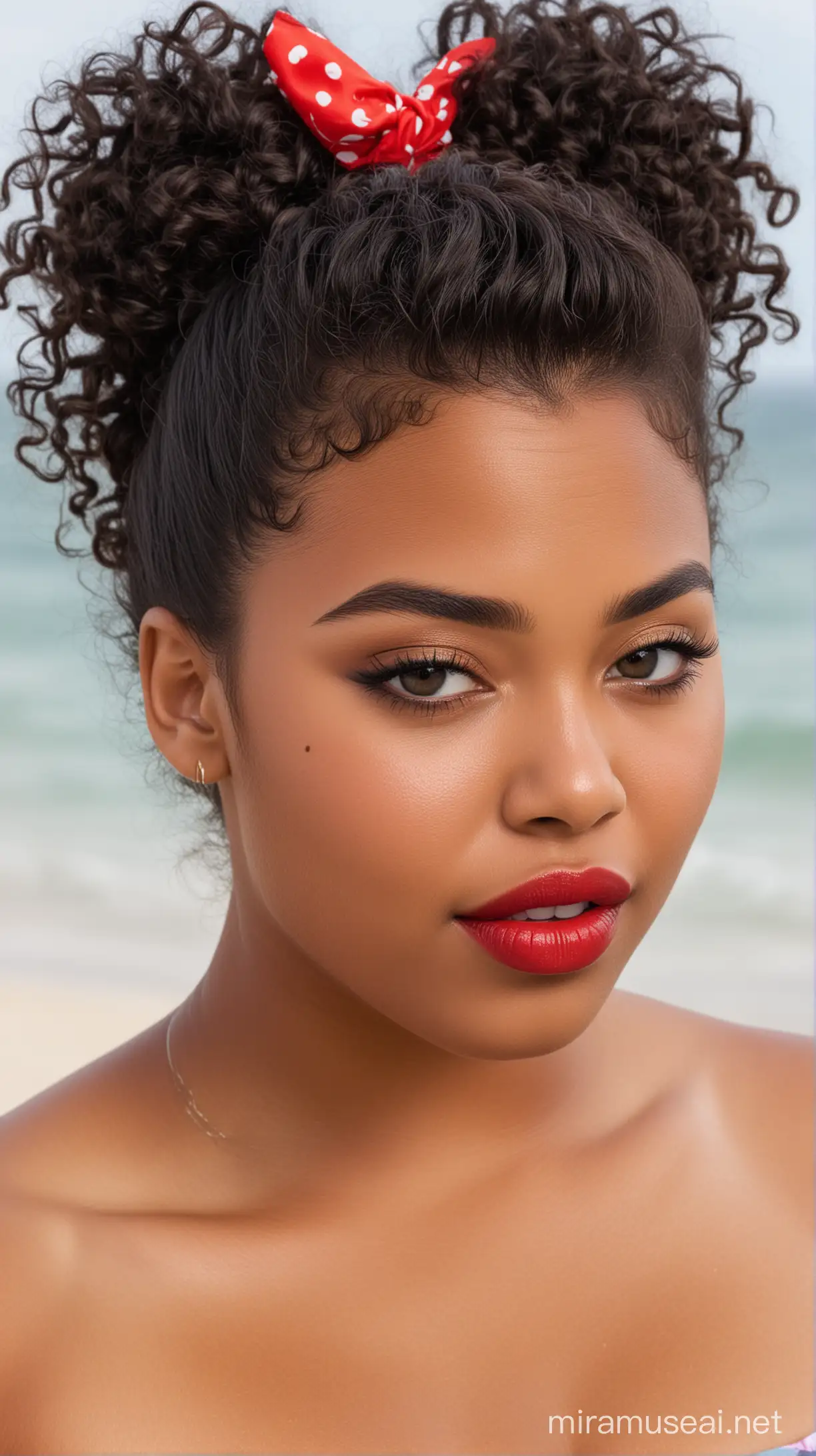 A 17 year old fat black woman with small eyes, wide red lips, weak chin, small nose and long curly black hair with a bun at back wearing a bikini at a beach 