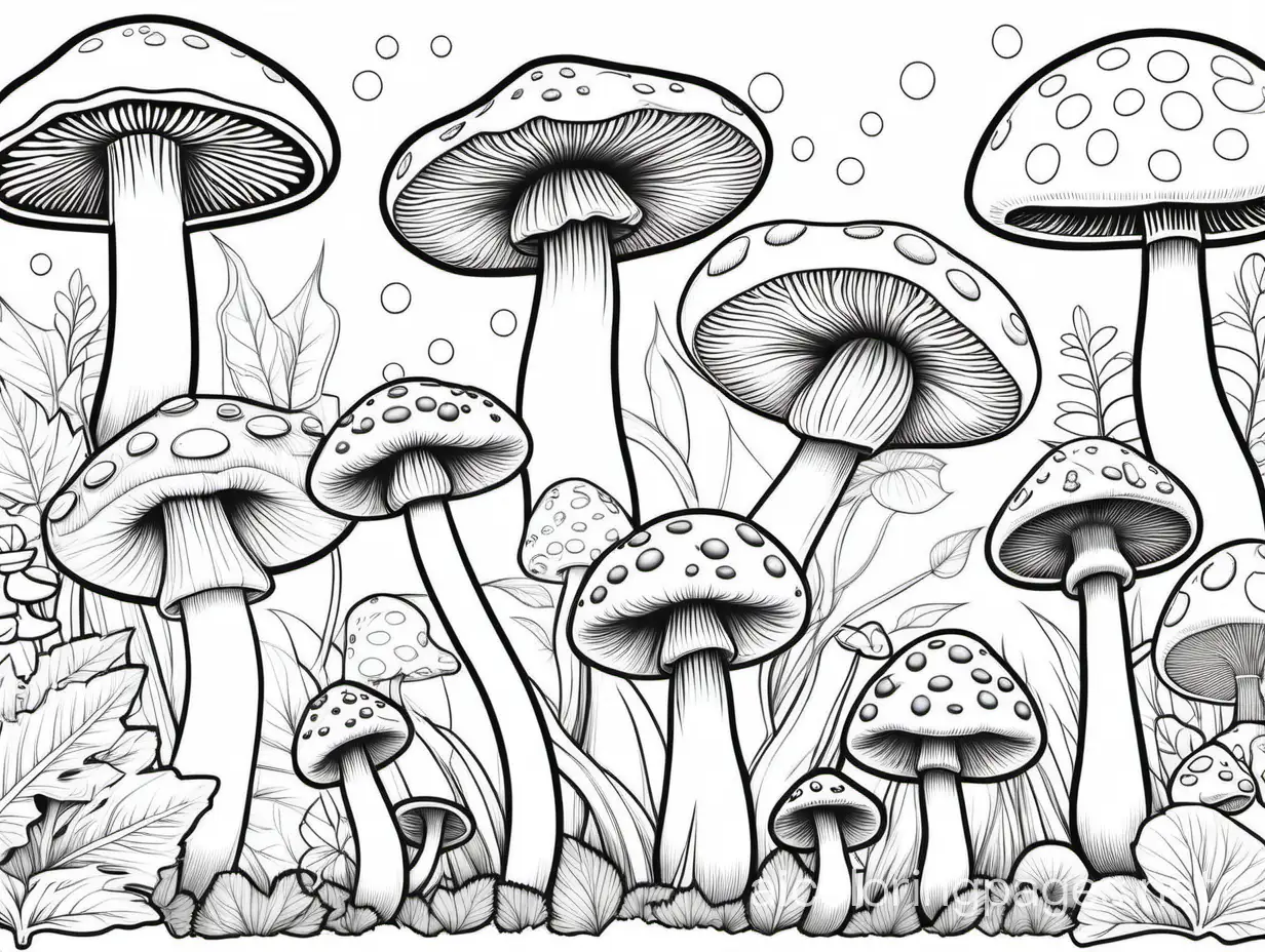 mushroom pattern with different types of mushrooms, Coloring Page, black and white, line art, white background, Simplicity, Ample White Space. The background of the coloring page is plain white to make it easy for young children to color within the lines. The outlines of all the subjects are easy to distinguish, making it simple for kids to color without too much difficulty