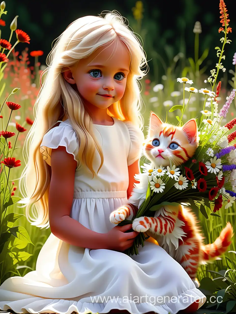 a little girl with long blonde hair in white dress gives a bouquet of wildflowers to her mother, a red kitten sits nearby