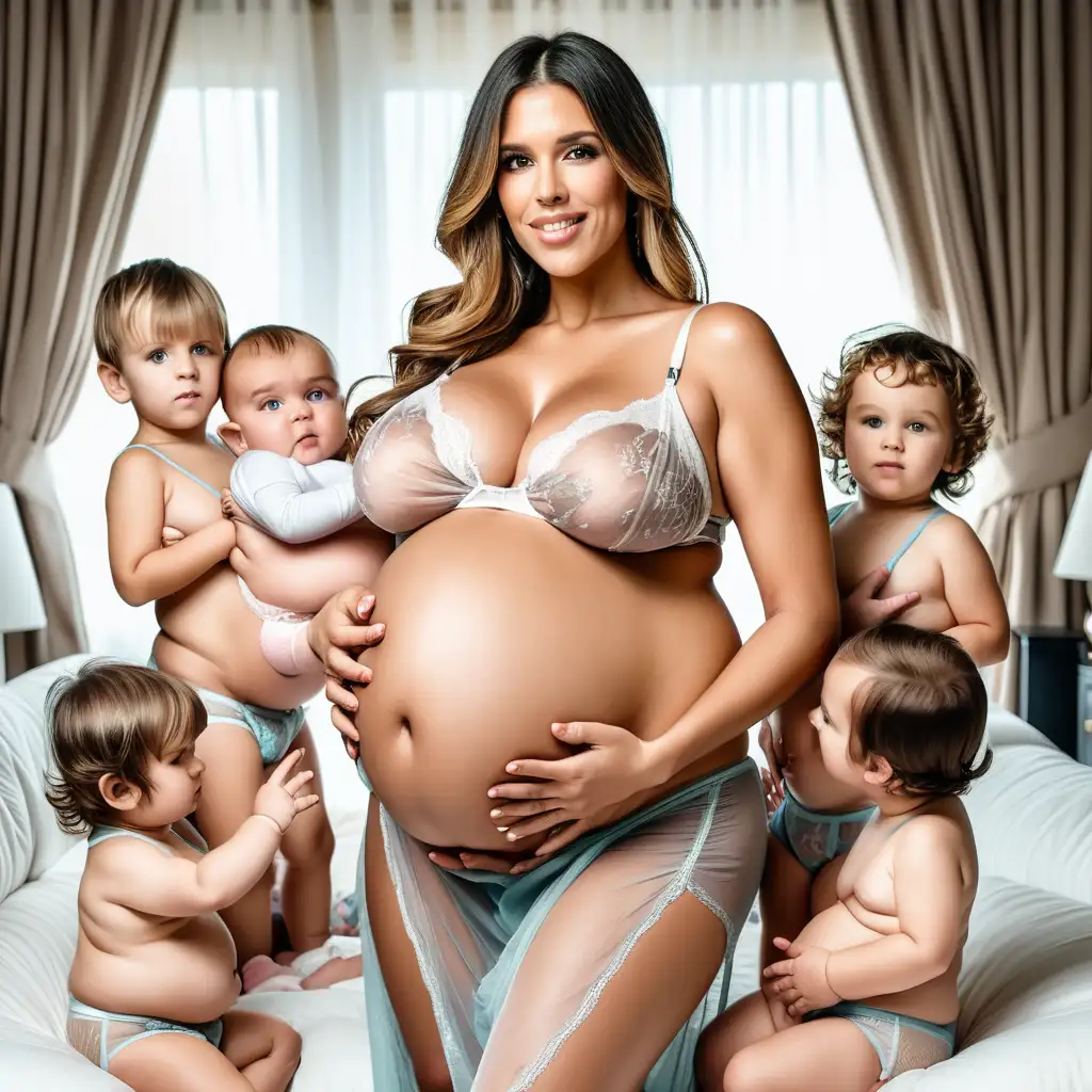pregnant woman with huge belly and big breast in luxury lingerie holding a baby and is surrounded by five kids