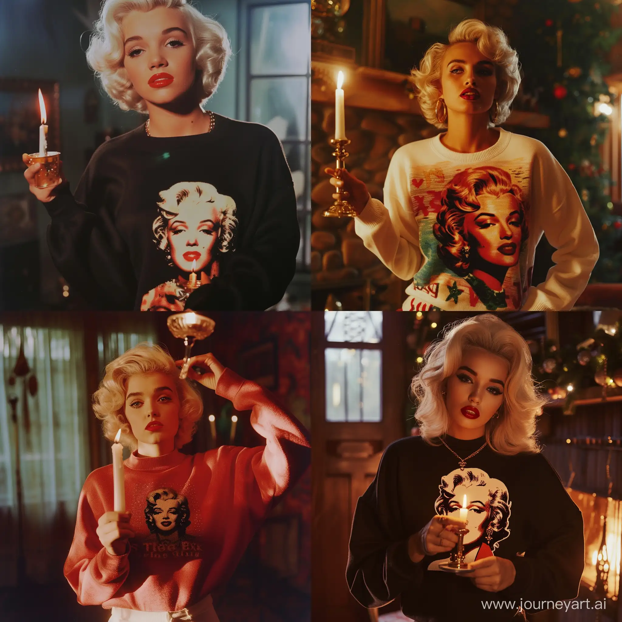 Marilyn Monroe sweater is holding a candle in her hand and looking at the camera