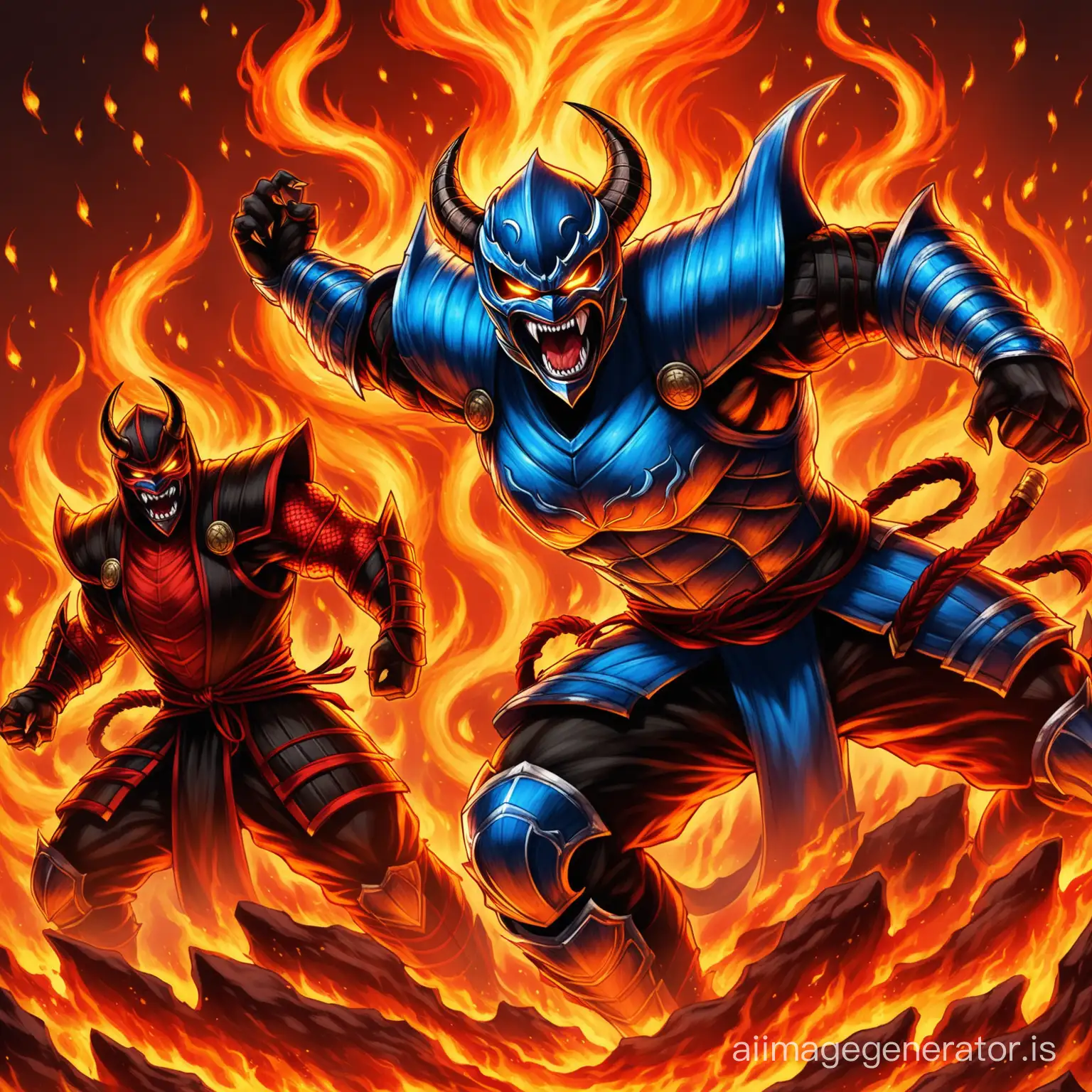 Sub-Zero, Mortal Kombat ninja, fiery demon-ninja, mask in the form of a roaring mouth with fangs, fiery demon, fiery eyes, covered in flames, burning demon, evil demon, fiery ninja, chitinous armor, lava veins on the armor