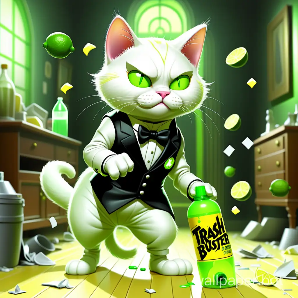 Comics, White Cat, dressed in TRASH BUSTER attire, in a tailcoat, with a lot of Lime on the floor, walking through a beautiful room, leaving a sparkle on the floor behind, holding a green spray bottle with a yellow trigger in hand, the logo on the bottle reads Trash Buster.