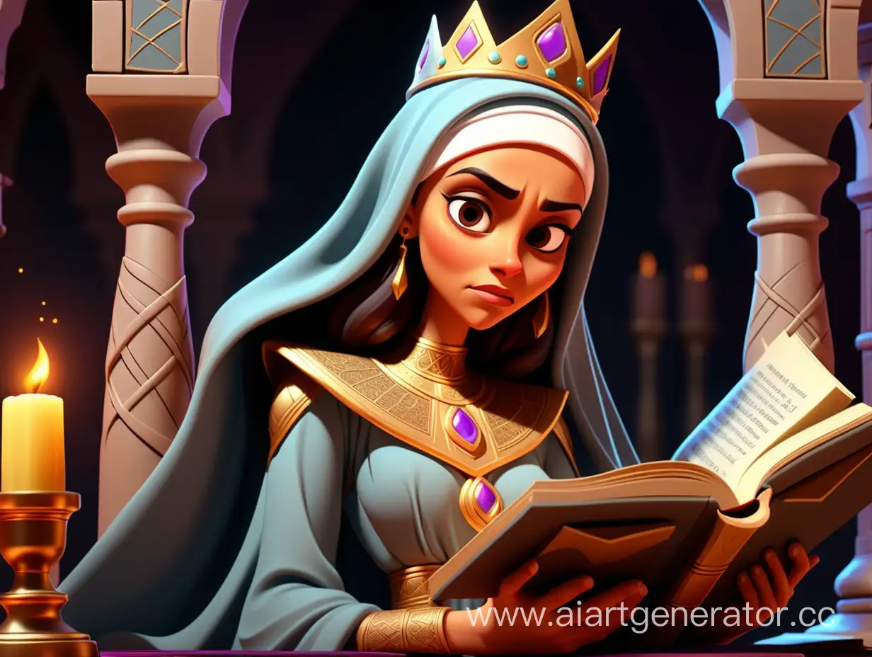 cartoon style, 8k, In one of the magic books an ancient spell, one muslim queen