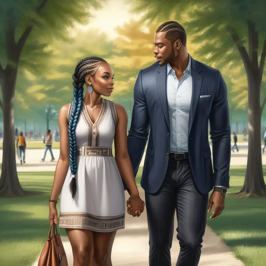 Beautiful black couple,walking in park,hand in hand,the man has a fresh lined up cut,the woman has single braids