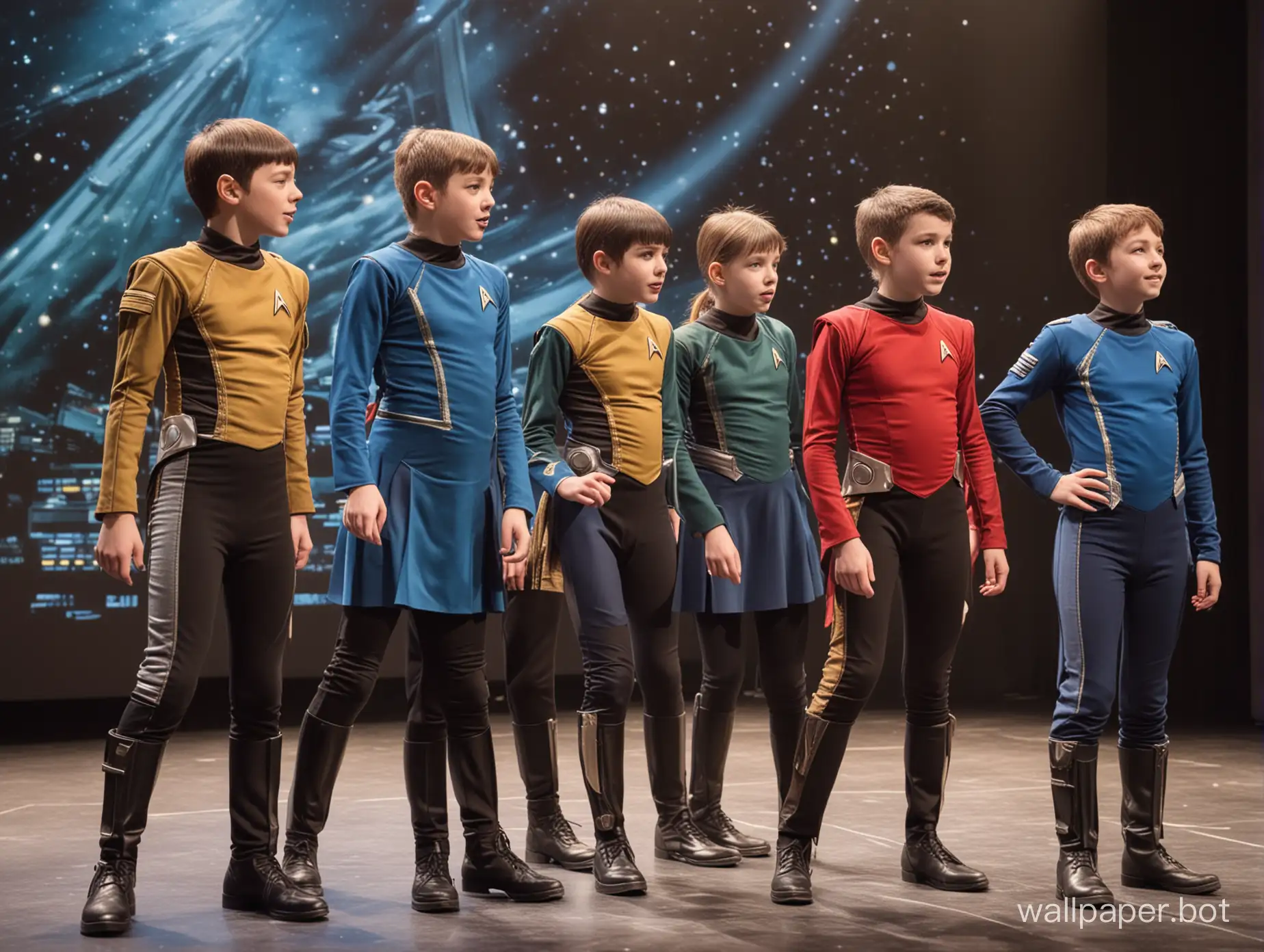 schoolchildren aged 12 are playing on stage in Star Trek costumes