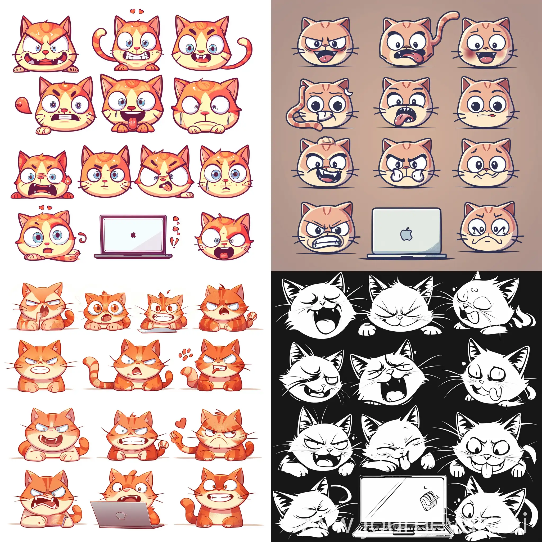 the various expressions of the cat with a mac,multipleposes and expressions,
happy, angry,cry,expression love,etc,emojipack,f/64
group,relatedcharacter,engrav-ing,bold outlines, sticker, 2d cute, fantasy, dreamy, vector illustration, 2d flat, centered, by Tim Burton, professional, sleek, modern, minimalist, graphic, line art, vector graphics