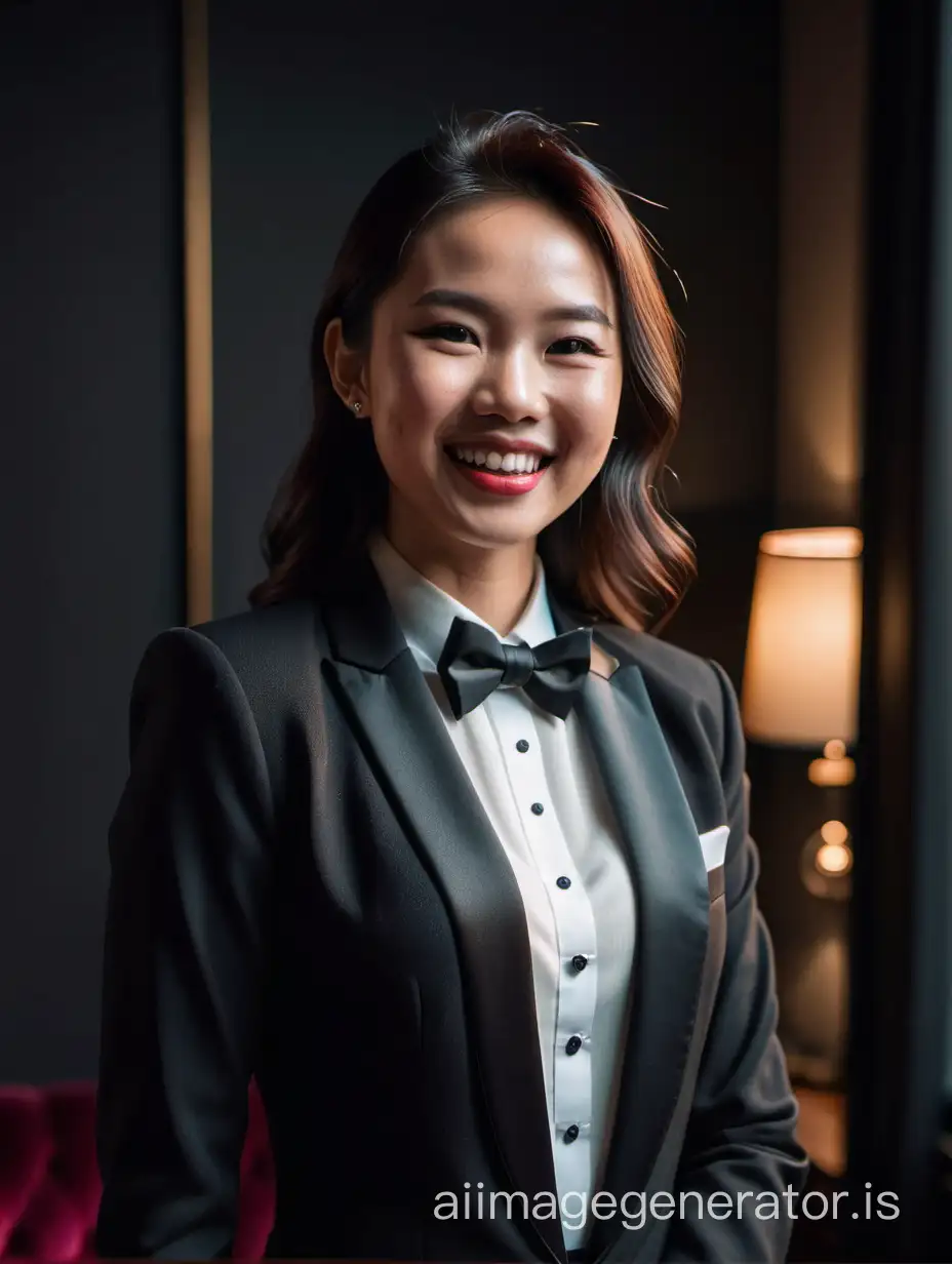 Beautiful smiing and laughing Vietnamese woman wearing a tuxedo.  Her jacket is open.  She has cufflinks.  She is wearing lipstick.  She is standing in a dark room.