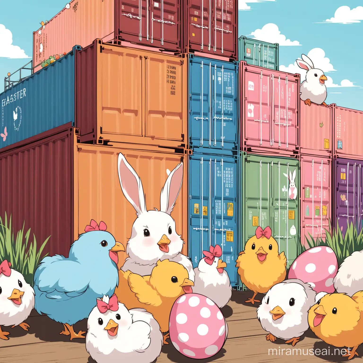 “Make an easter design on 20-foot shipping containers, stacked in a terminal. include chickens, eggs and bunnies.”