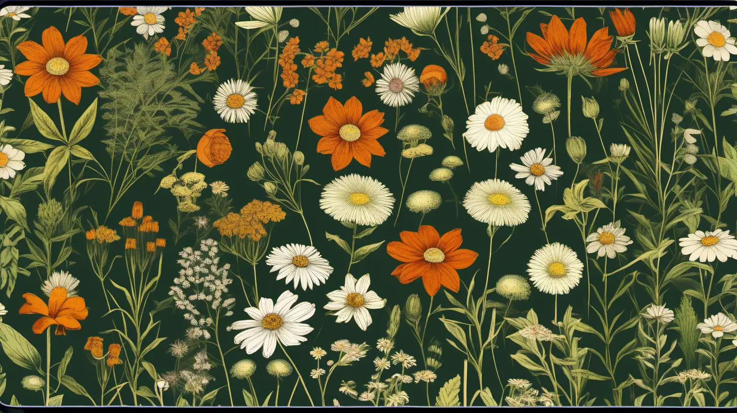 vintage style, wild flowers, many small flowers, botanical, garden, green, dark orange white, desk mat