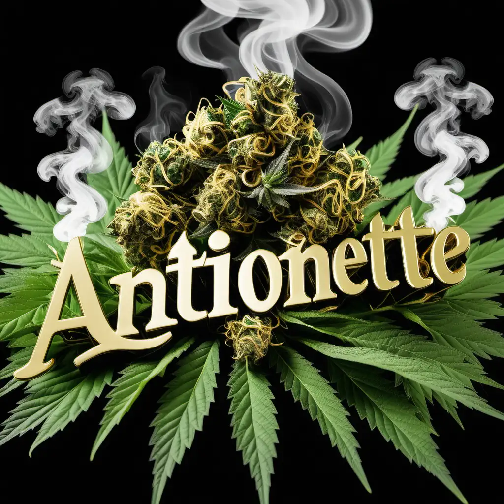 The name "Antionette" wrapped in green Marijuana leaves. Surround by black and gold smoke 