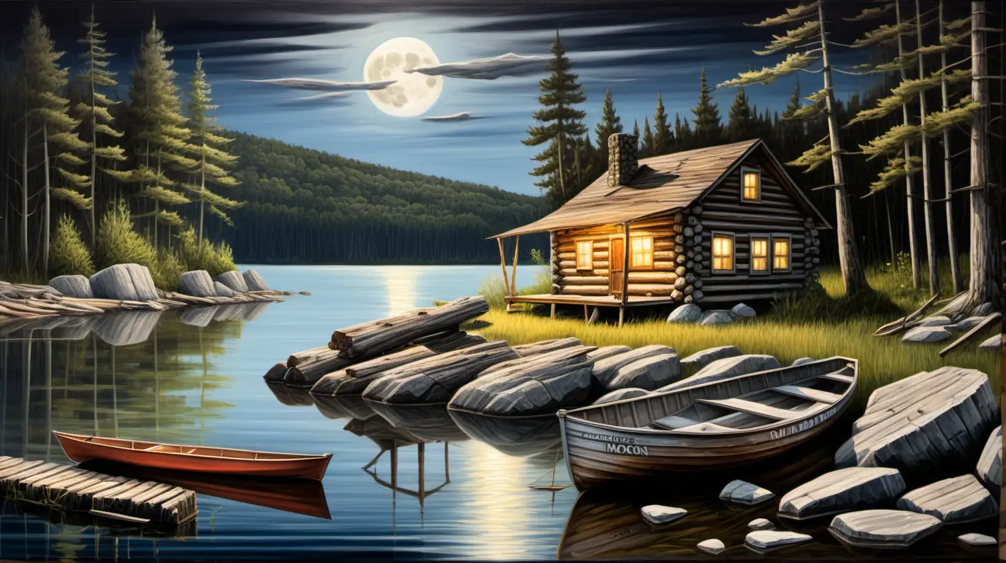 oil painting of old log cabin on rocks,  forest, old dock and old row boat, full moon,  rock shoreline, weeds in water,  
