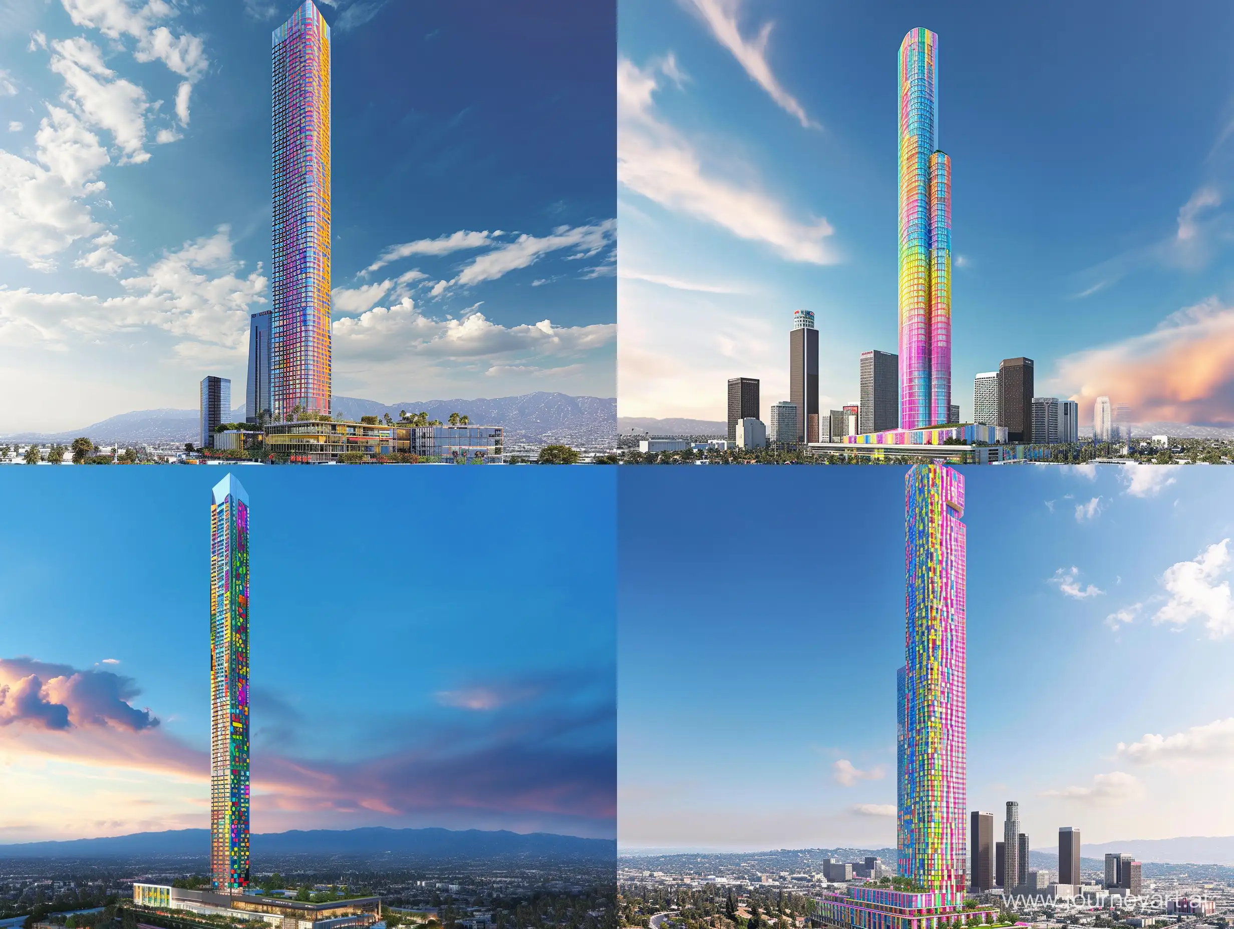 a modern skyscraper with a height of at least 500 meters with a colorful exterior designs inspired by traditional Turkish architecture which suits the skyline of Los Angeles