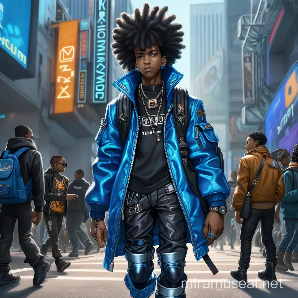 A black crberboy with afropunk hair. He is wearing blue jacket and  long boots. He wears a futuristic back bag and he is walking in a cyberpunk city