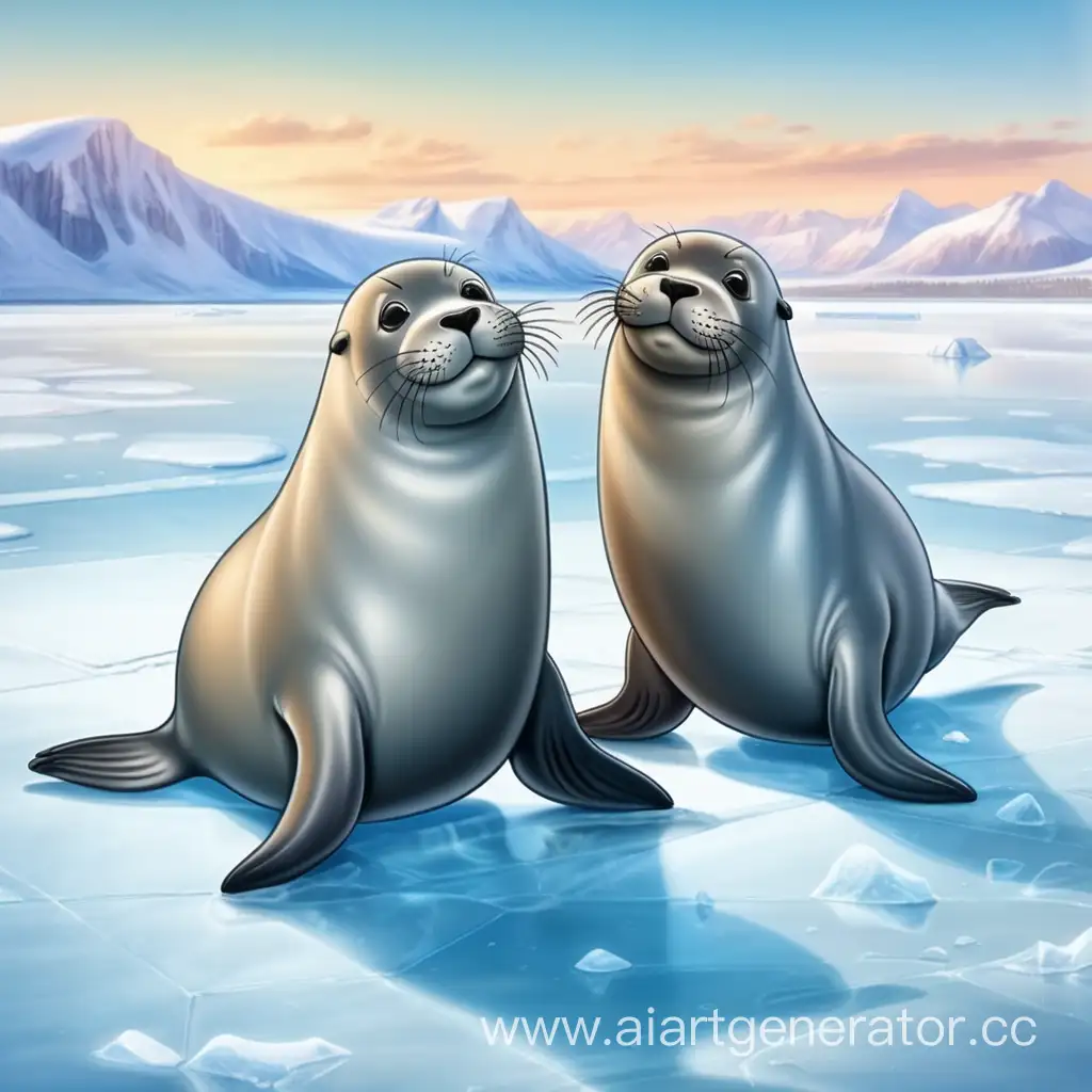 2 seals stand on the ice, funny, affectionate, beautiful, cartoonish