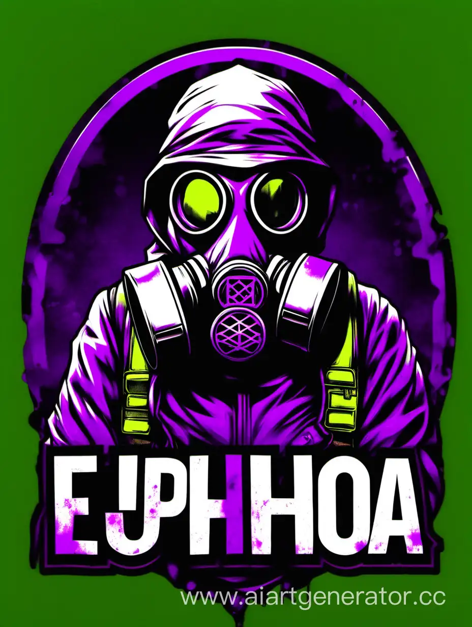 Логотип (E U P H O R I A) в стилистике игры S.T.A.L.K.E.R. цвета фиолетовый, кислотно зелёный, черный, белый с противогазом 