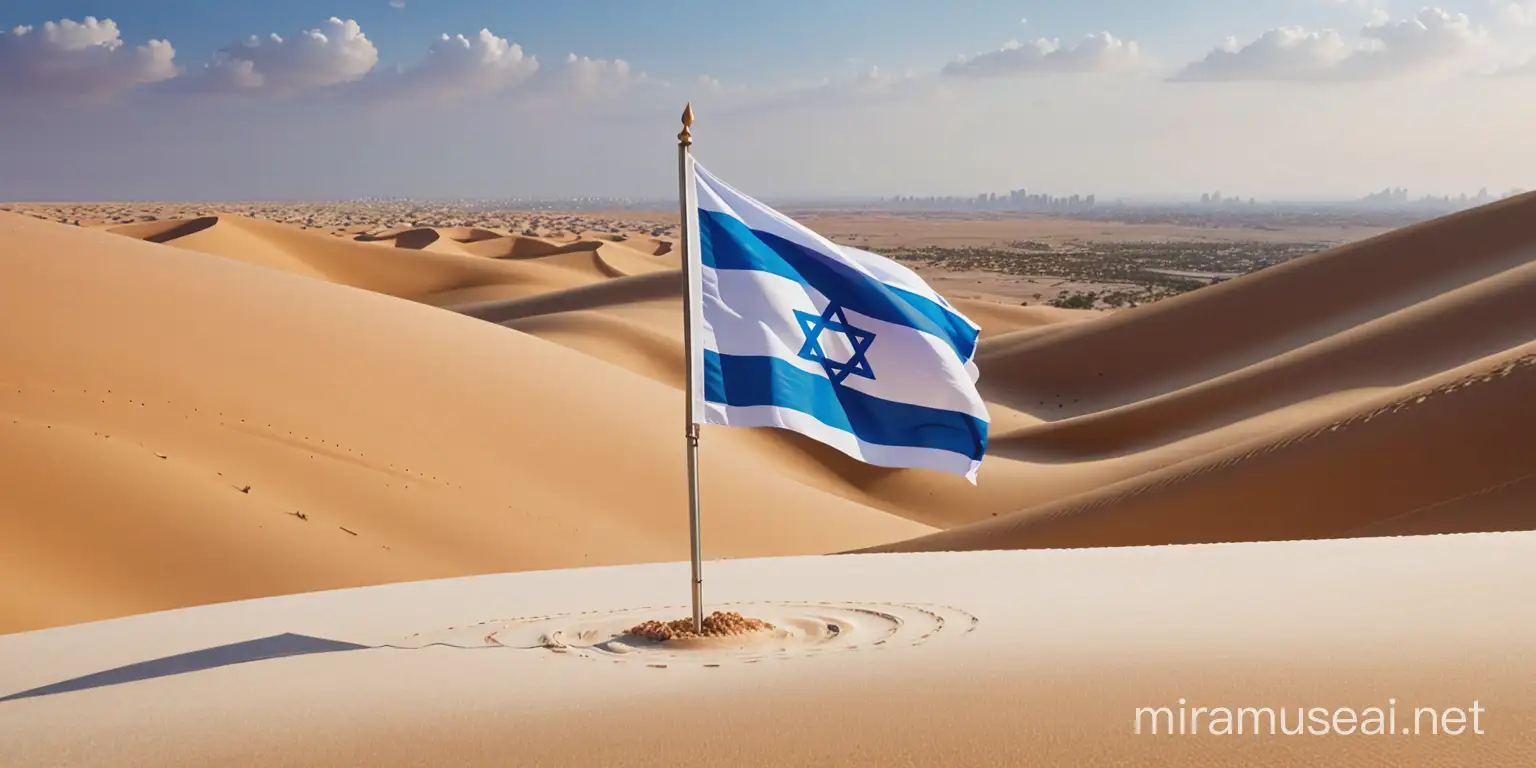 Israeli Flag Flying Over Desert Landscape with Stone Tablets