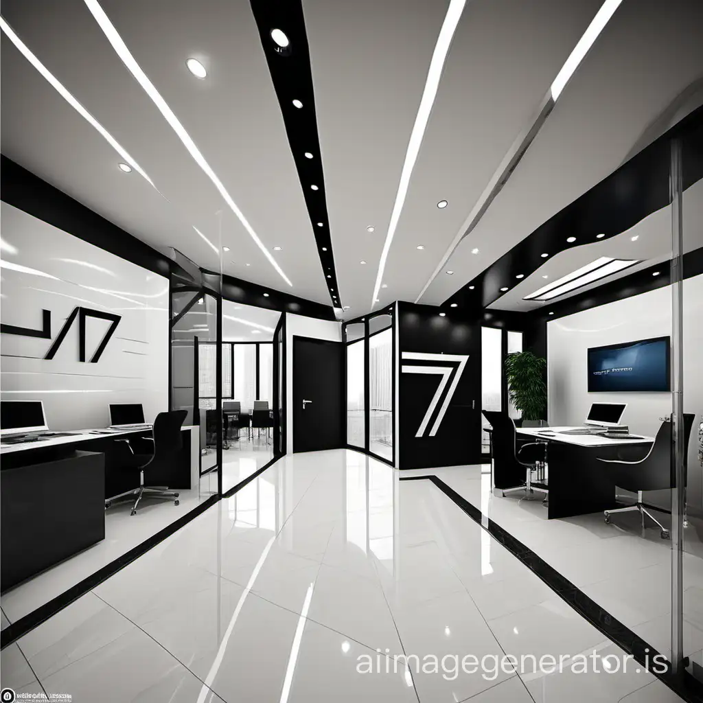 marketing consultancy company specializing in the real estate sector, show the interior with offices, the brand is in black and white colors, use o logo '' 7D ''