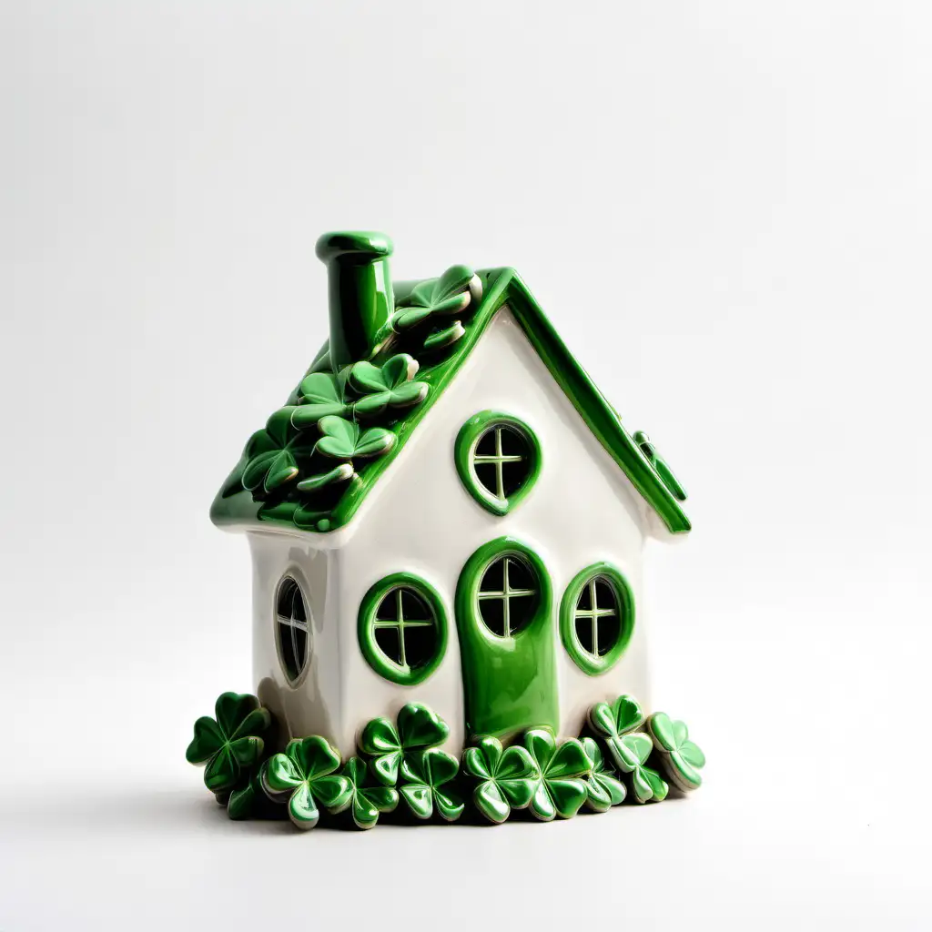 Saint Patricks Day Ceramic House with Shamrocks on a White Background