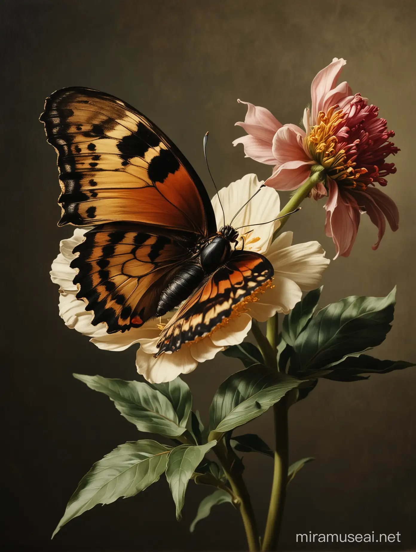Butterly flying to a flower in the style of 1600 century painter Caravaggio.