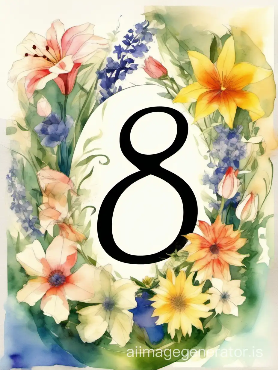 An artistic composition in a modern avant-garde stele depicting a bouquet of spring flowers and a stylized number 8 in the center of the screen, spring, holiday, a combination of graphics and watercolors