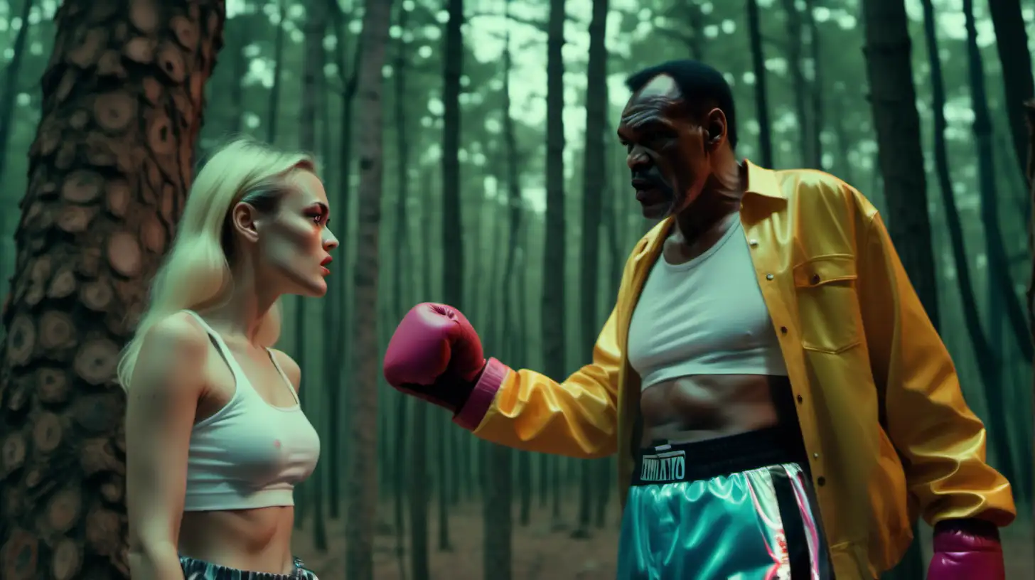 A beautiful girl has clothes of psychedelics style. She  is talking with a middle-aged male boxer. In the forest. Quentin Tarantino movies  style.