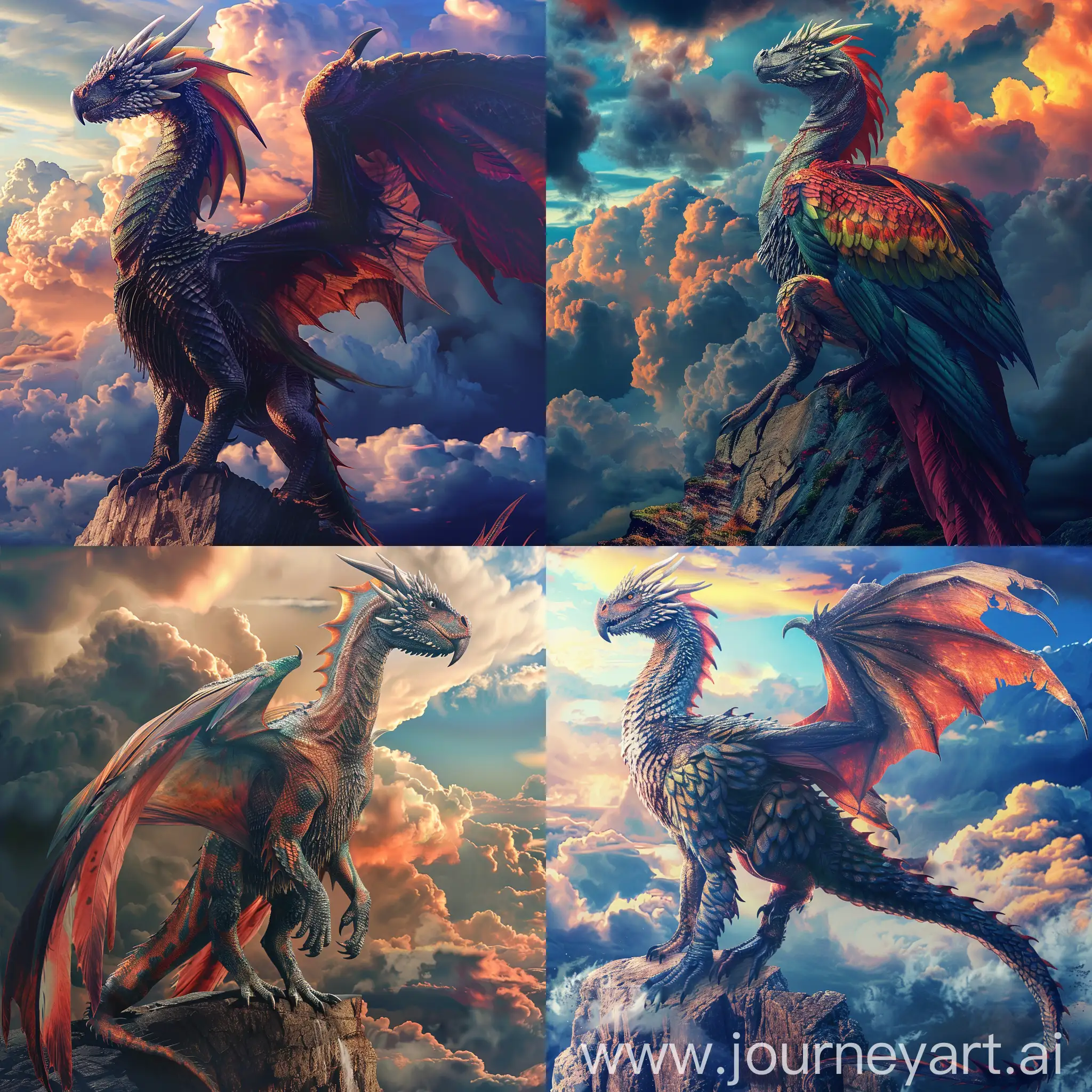 A dragon with the colors of a parrot, muscular, 4k, cinematic, standing on a cliff and spectacular clouds, drogon in game of thrones

