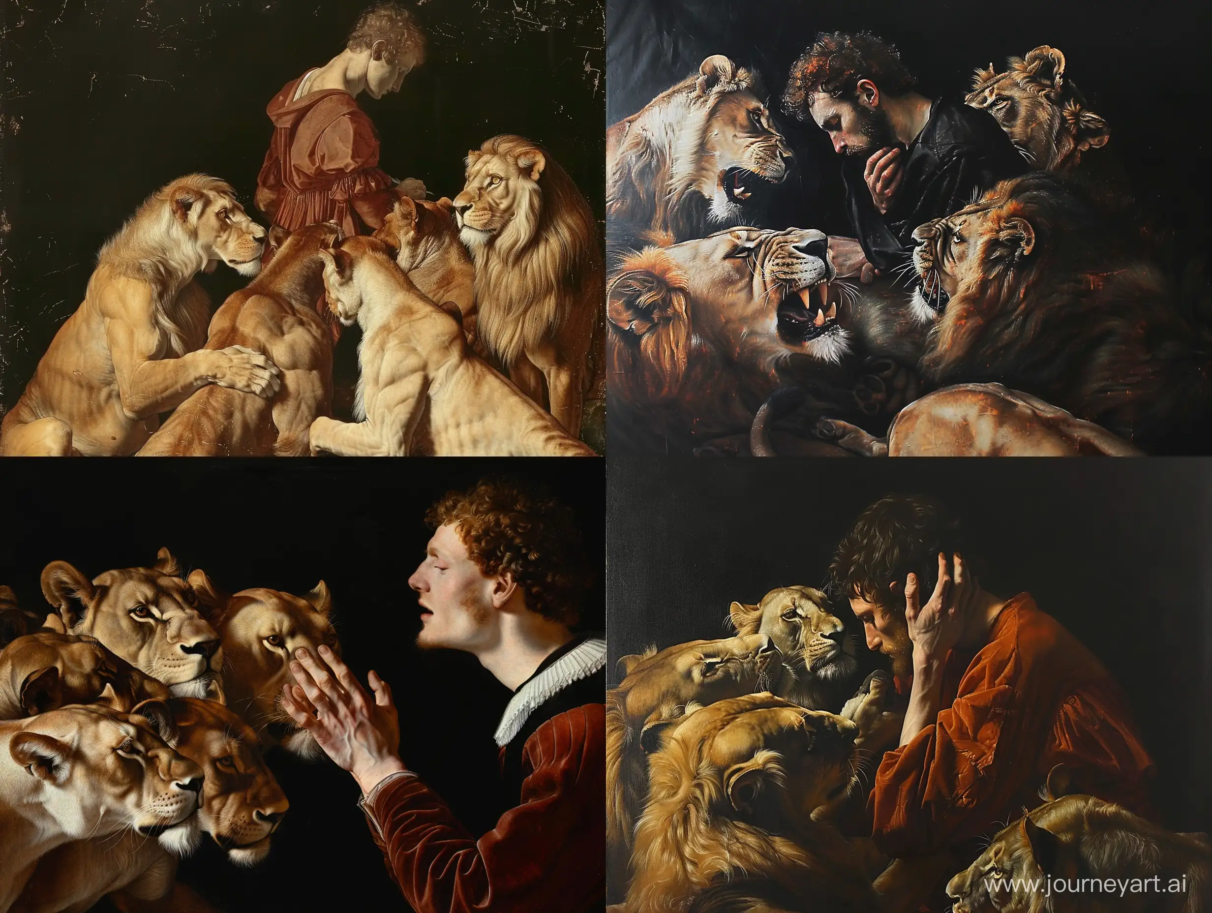 man and lions, michelangelo painting, black background, highly detailed