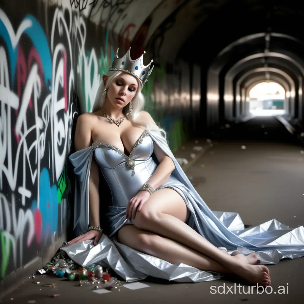 a busty elf princess in a revealing thin expensive royal dress sleeping in a trashy graffiti underpass, jewellery, wearing a silver crown