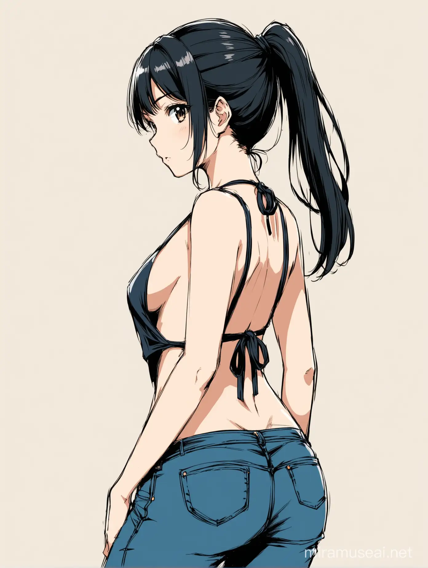 Color book page of A woman with anime-style black hair tied up in a ponytail, wearing dark jeans and swim suit.