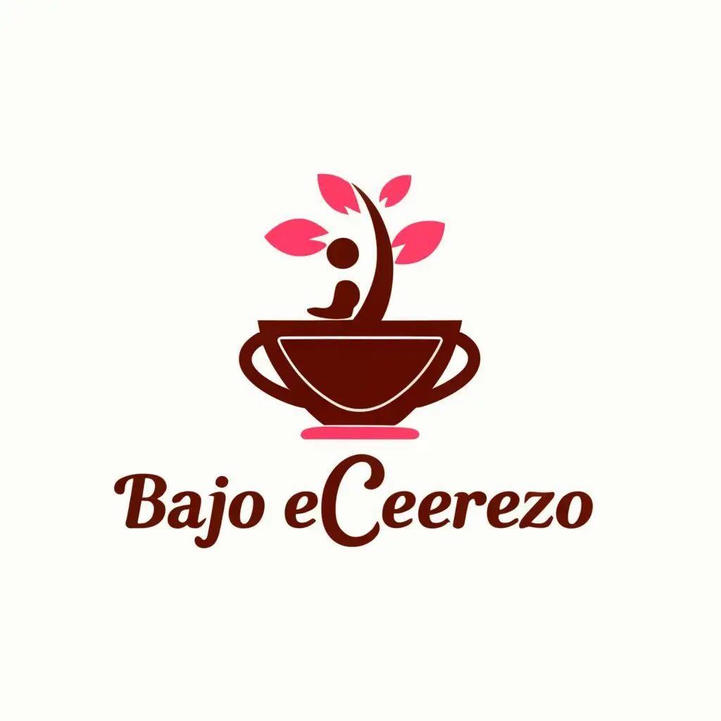a logo design,with the text "UNDER THE CHERRY TREE", main symbol:Design a logo very professional and creative,like it was designed by steve jobs. for a company called "Bajo el Cerezo" for the restaurant industry. Take into account the colors brown and pink, the minimalist style that integrates a cherry tree with a cup of coffee and a person drinking it but being original,Minimalistic,be used in Restaurant industry,clear background
