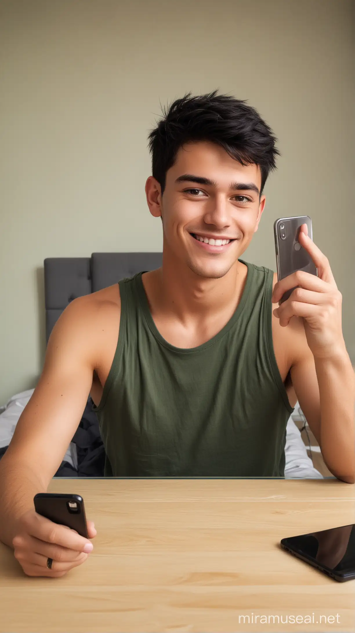 Smiling Young Man in Sage Bedroom Takes Selfie with Laptop Nearby