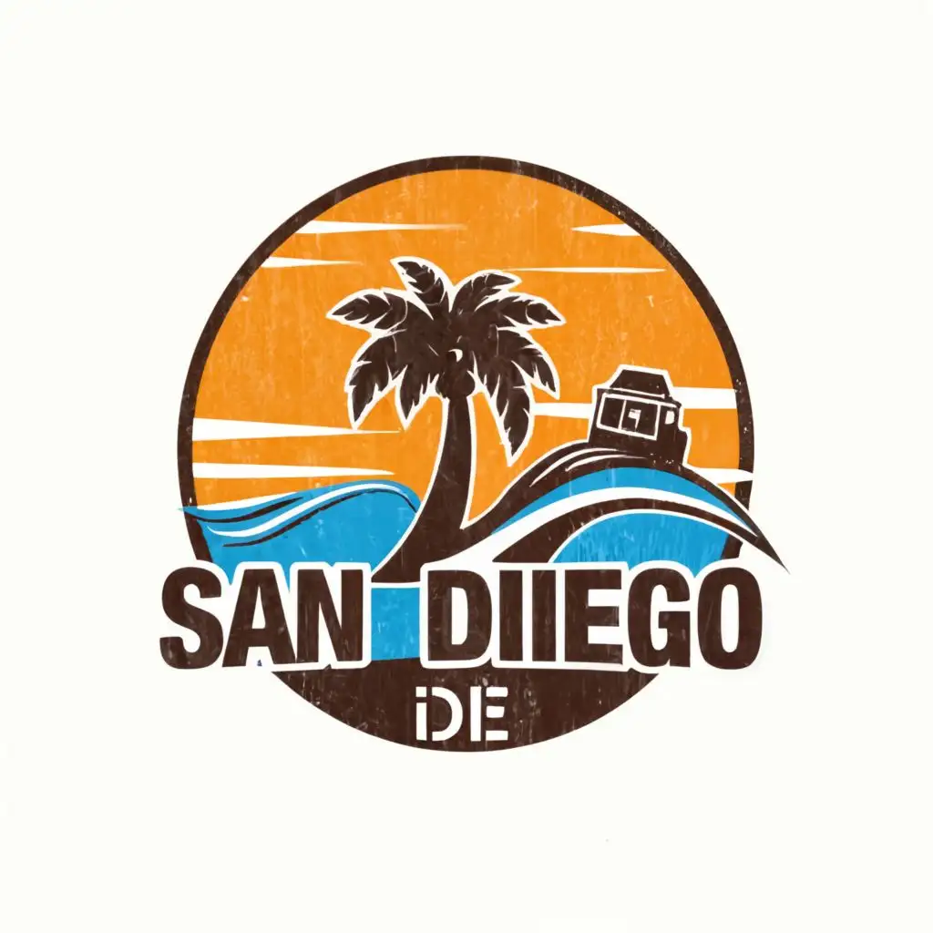 logo, create a logo for an online role play server. the name of the server is "San Diego DE" The logo should me 512 x 512 pixels. it should have a palm tree in the logo, maybe a layenforcment vehicle and a wave, with the text "San Diego DE", typography