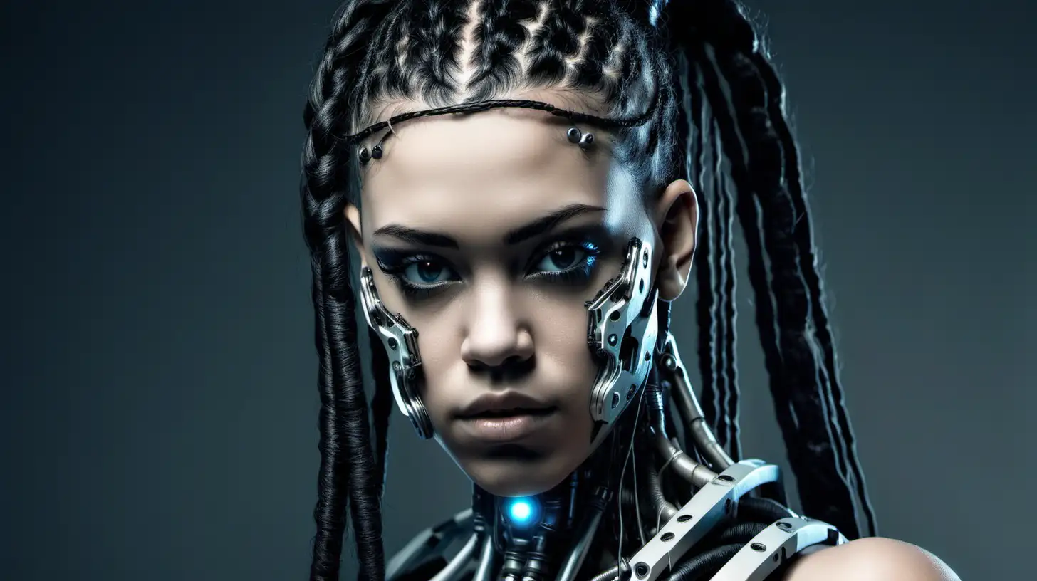 Cyborg woman, 18 years old. She is extremely beautiful.  Wild hair. Dark braids.