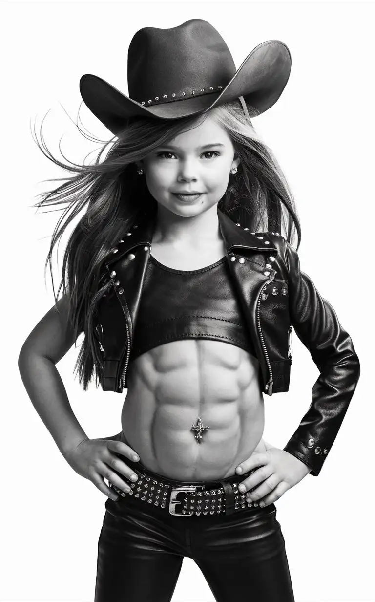 8 years old girl, long hair, very muscular abs, leather, belly ring, cowboy hat