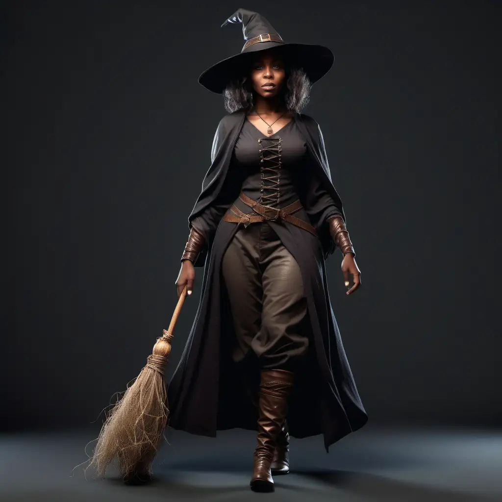 (full body image)  semi realistic , african - American,  medieval  female witch , walking