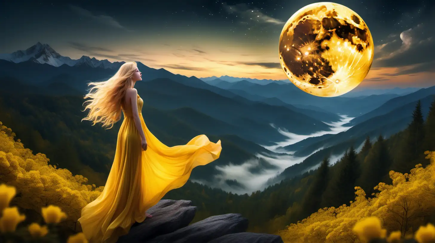The young woman, dressed in a flowing golden yellow 
dress. A subtle mist covers a gorgeous gigantic full moon . the mountains,forest, the multicolor flowers add a dramatic touch to the scene. A young girl, she has long, rich, blond, almost golden hair. 