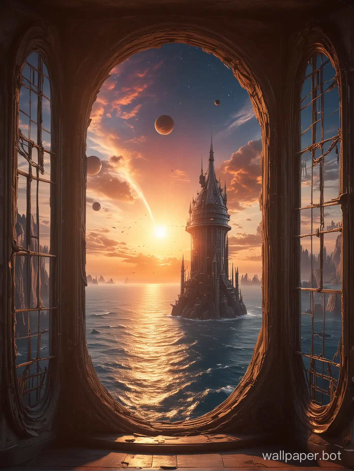 A narrow window into a fantastic space with a planet. fantastic tower against sunset background. There is an airship with sails in the sky. High resolution. Very definition.  sci-fi.