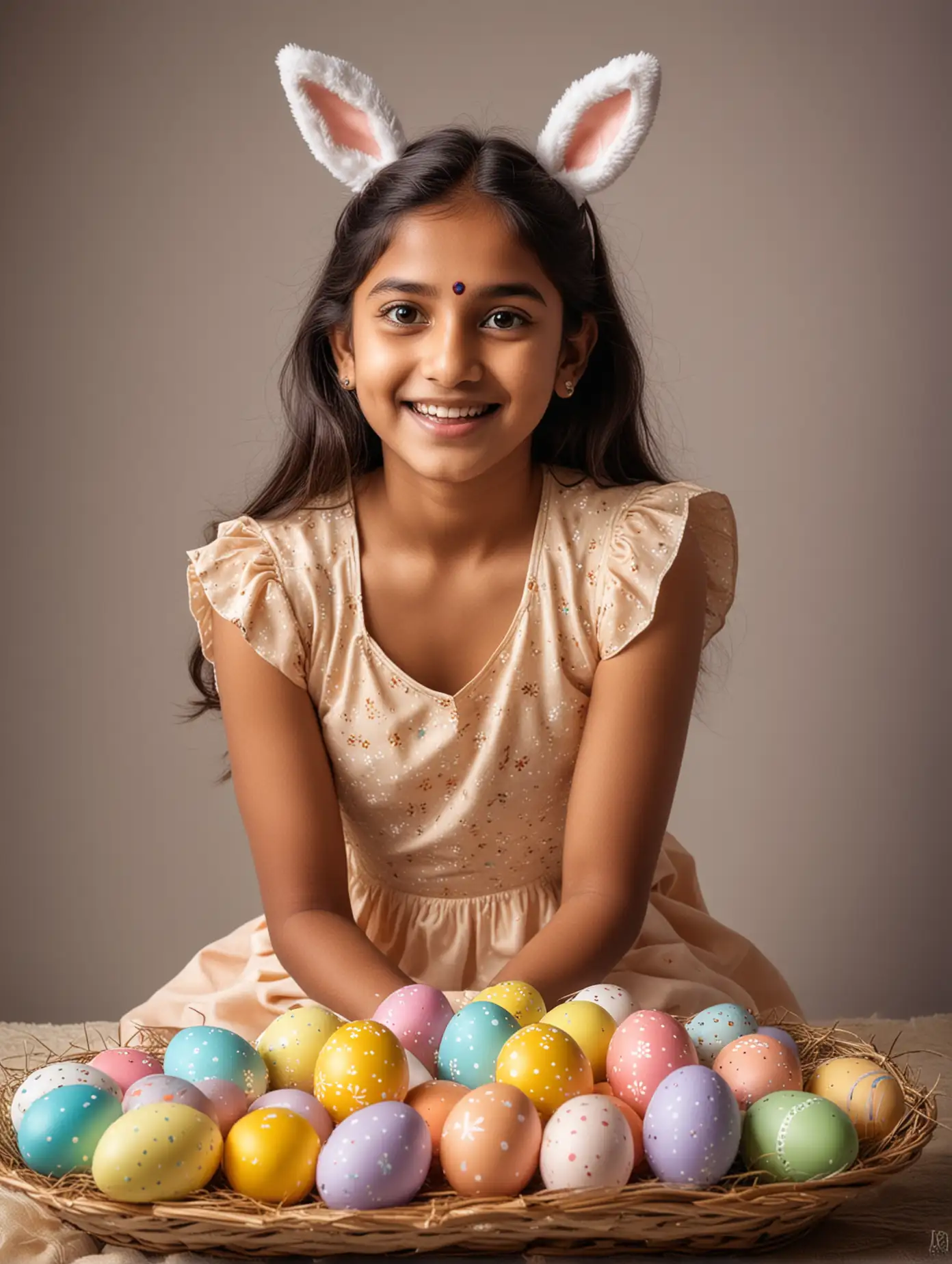 Indian girl, celebrating Easter, full of festive atmosphere, camera facing, exquisite facial features, professional photography technology, full body photo