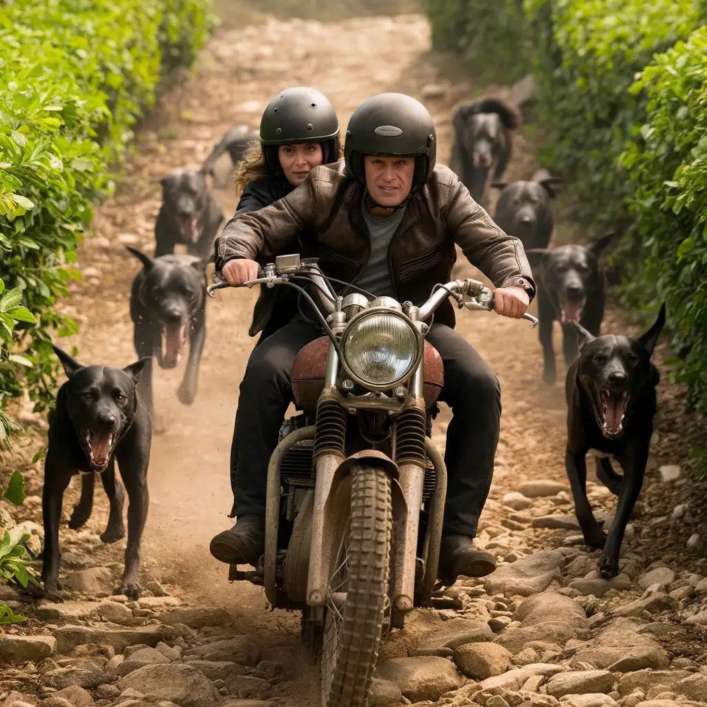 A man and woman riding in a motorcycle chased by a pack of angry dogs behind who are eager to bite them in a rocky road surrounded with green bushes