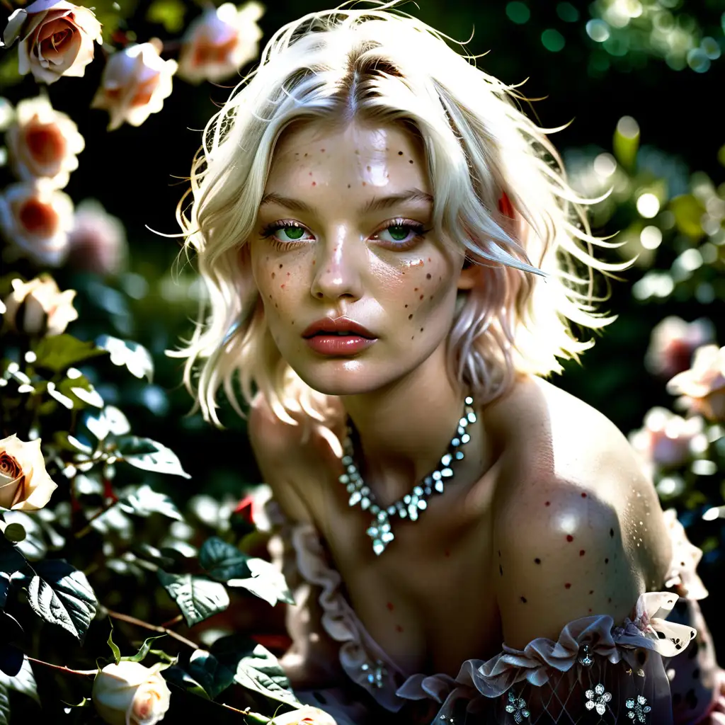 Generate an image with low contrast, soft light, and no saturation. Capture a gentle scene with diffused lighting, subtle shadows, and muted colors. Create pretty girl Claire Jolie that have natural freckles, is 27 years old, she is mixture of Kate Moss & Linda Evangelista facial features, white hair, is sitting on a rose garden , she has haute couture dress, big boobs, she looks like a high fashion model, location is Firenze, she has diamond necklace. Enhance the image with more soft light and reflective light on shadows. Amplify the gentle illumination, particularly in shadowed areas, to create a luminous and ethereal atmosphere. Style is high fashion. Cinematic. Softbox. High fashion makeup. Canon EF 50mm f/1.2,Canon EOS 5D Mark IV. L--v 6