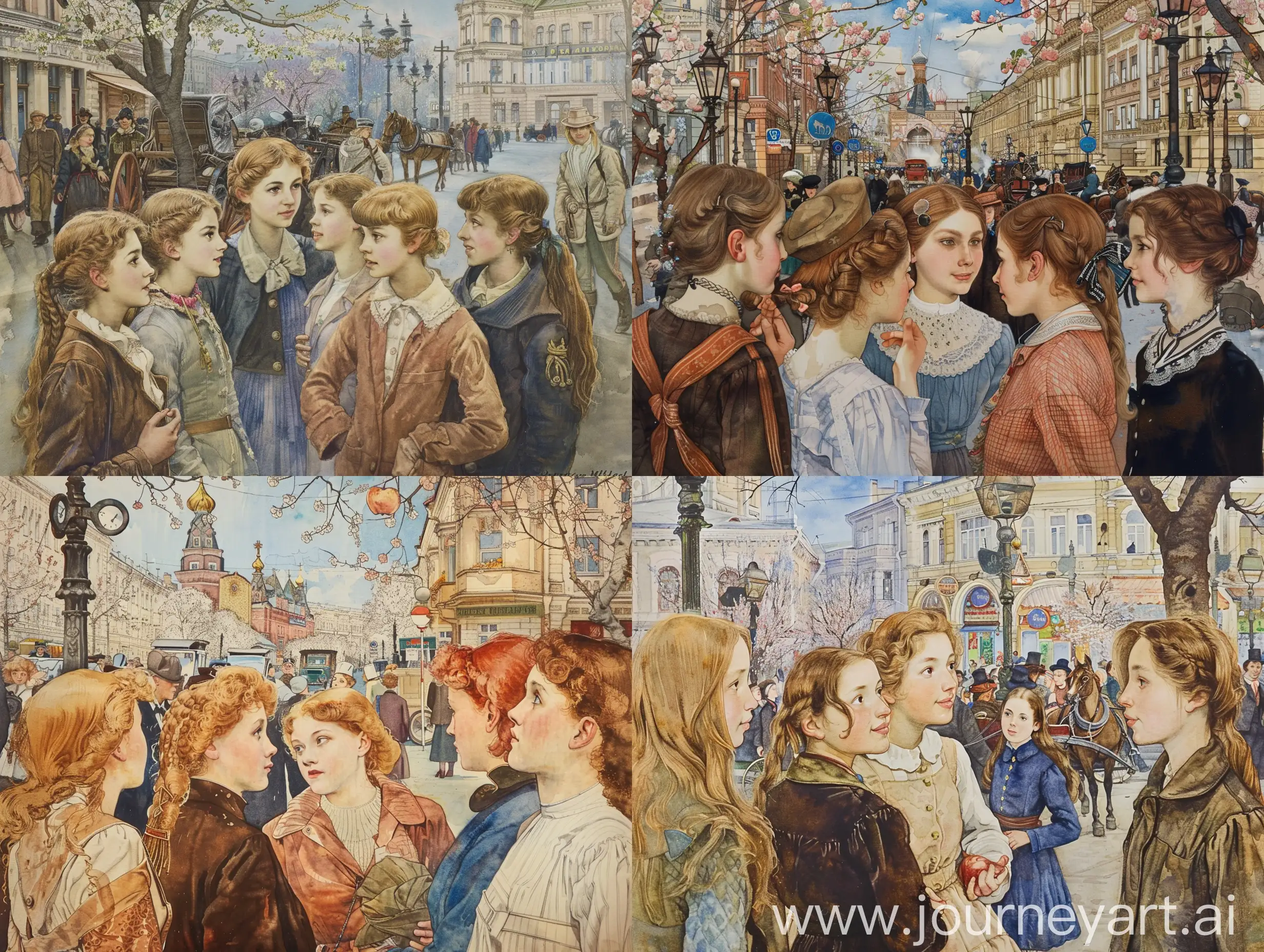 Vintage-High-School-Girls-in-Moscows-Arbat-Street-1910-Spring-Scene