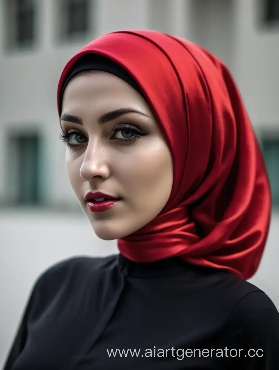 Чеченка в красном шелковом хиджабе, черной рубашке