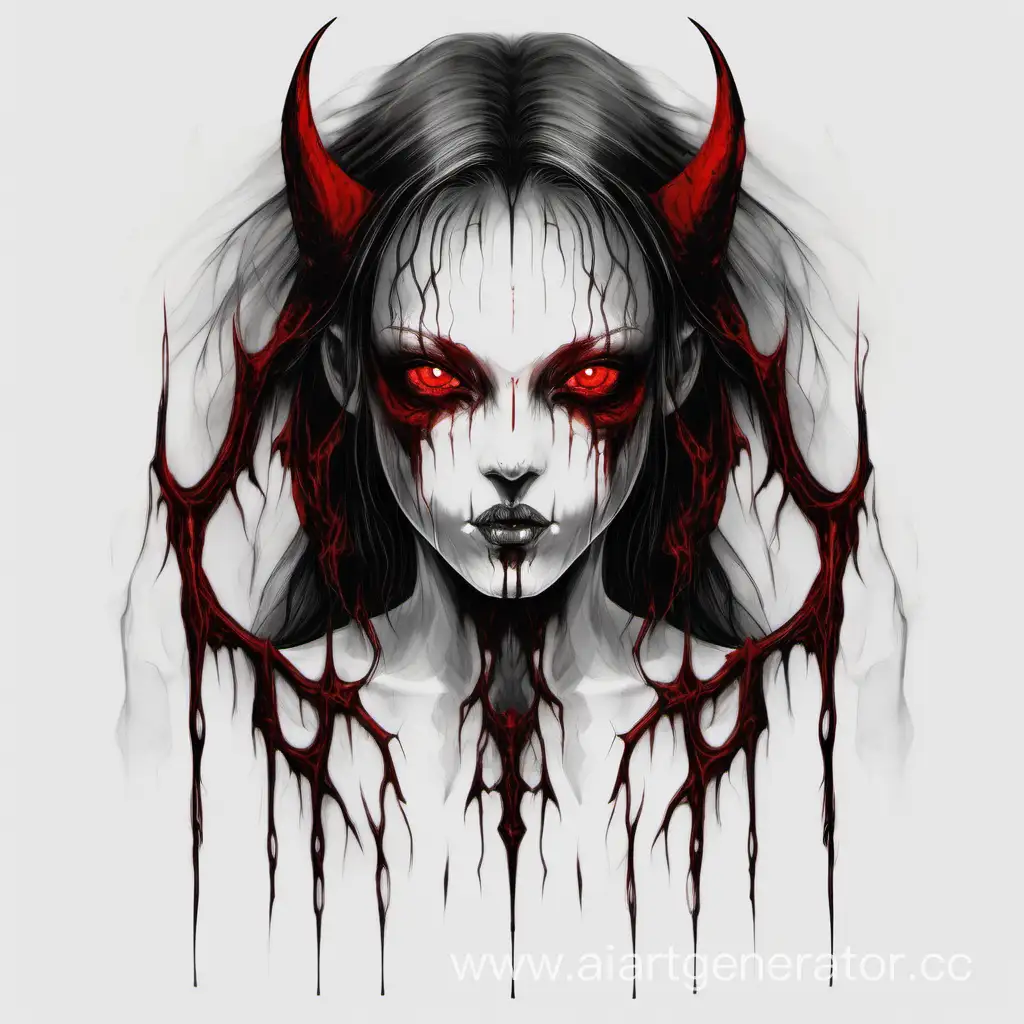 девушка, полу демон с красными глазами на белом фоне