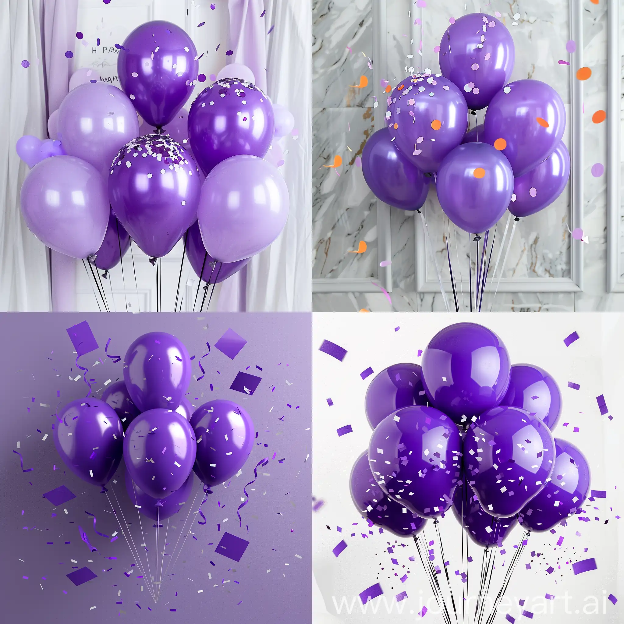 Purple party balloons and confetti, happy anniversary 