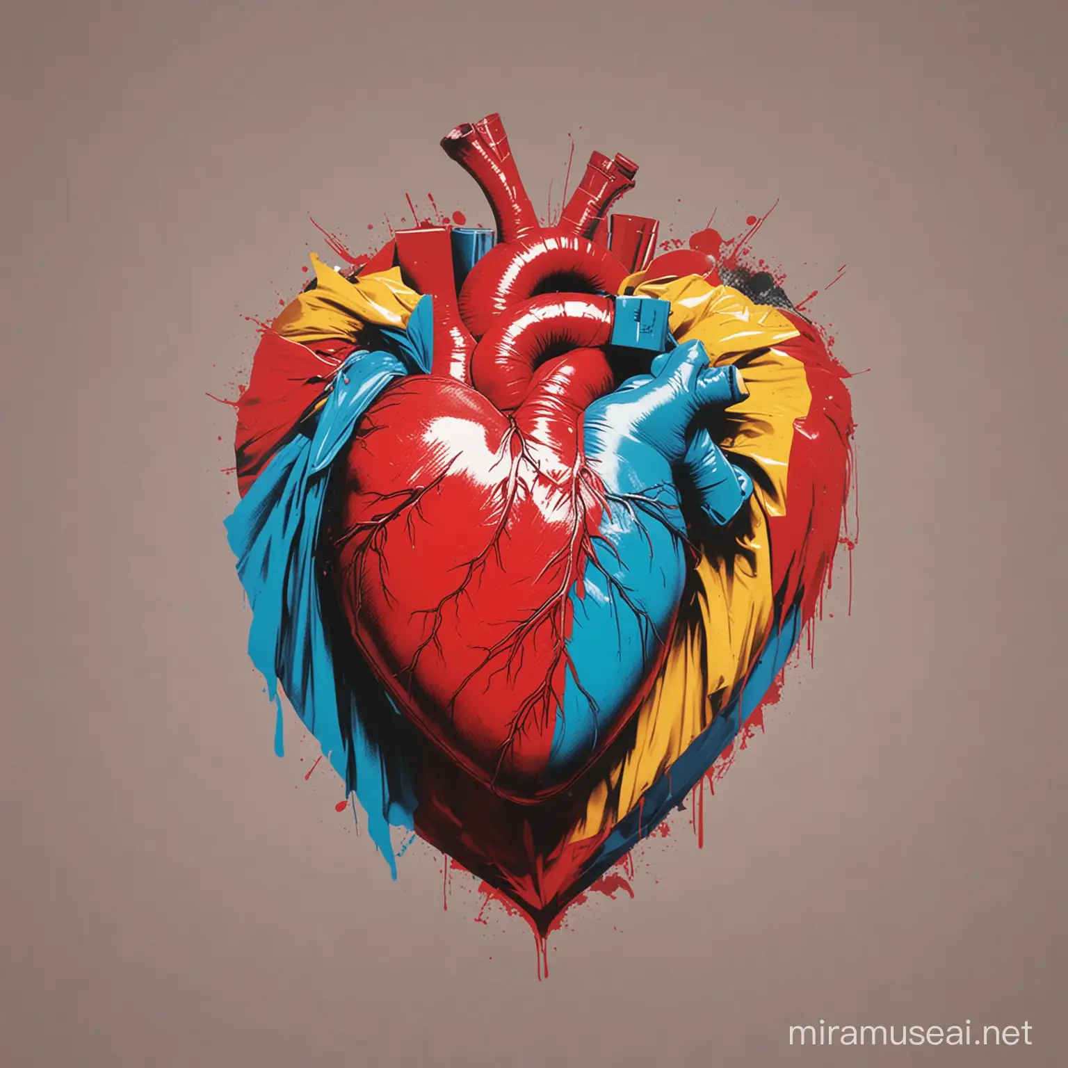 A human heart with a super hero cape in the style of Andy Warhol in colour 