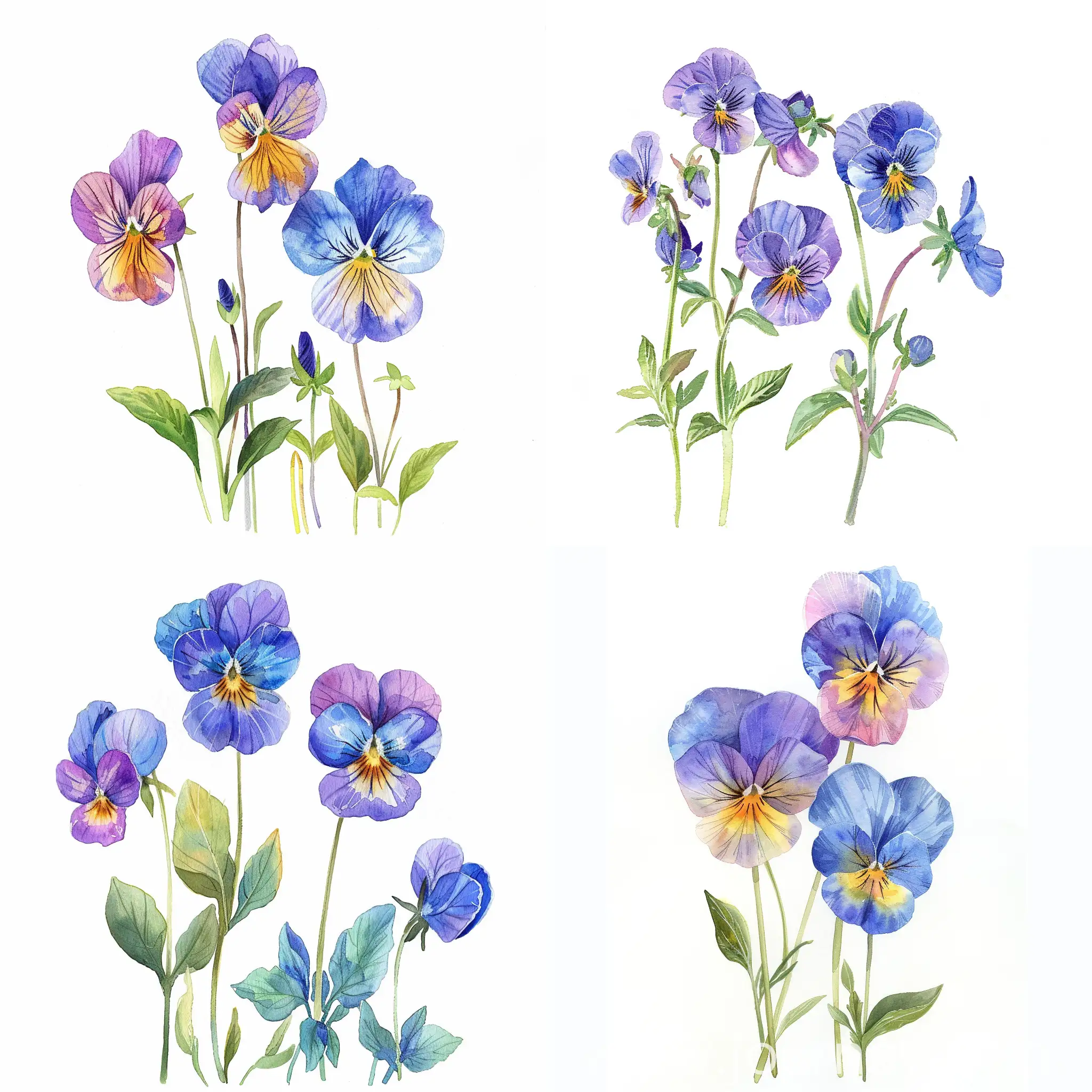 watercolor standing wildflowers, viola tricolor, on white background, soft handpainted, detailed