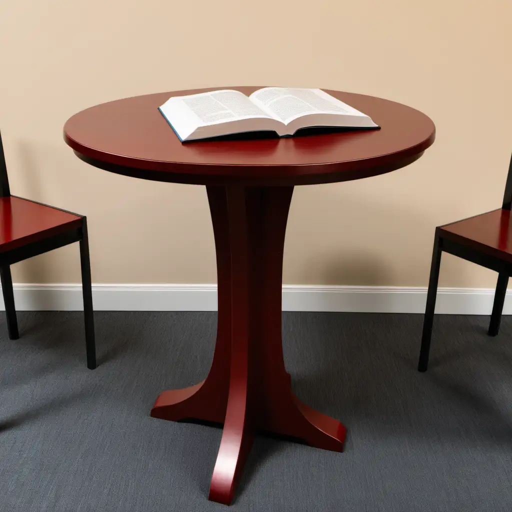 tall round table with  with book on table  on table.  full body shot