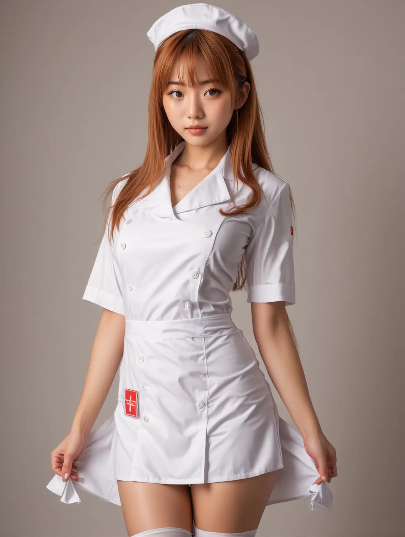 Fullbody Japanese girl with caramel-colored medium length hair, freckles and huge amber eyes. Posing sexy with nurse costume