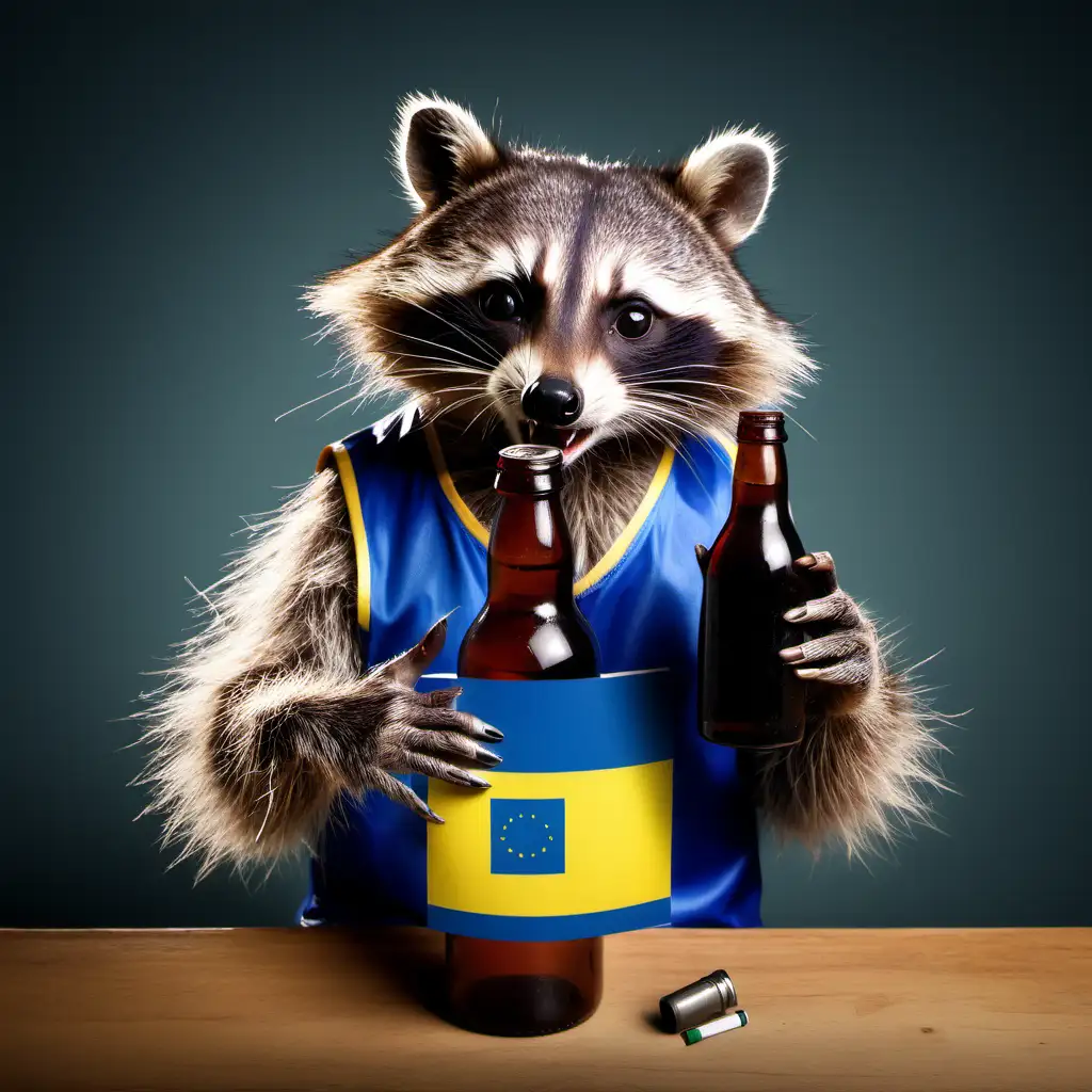 Drunk racoon signing ukrainian song with horilka bottle